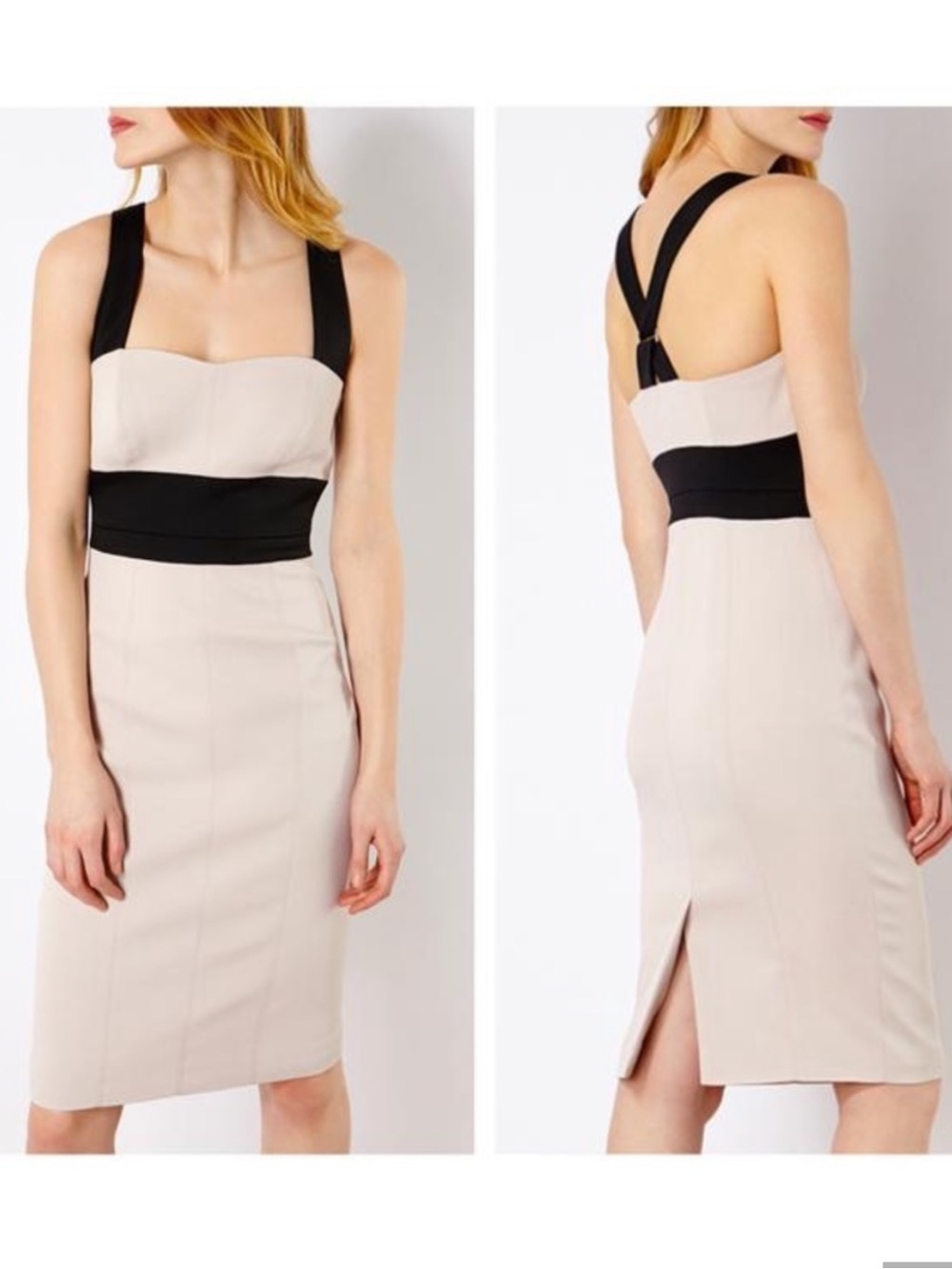 Karen Millen Beige Black Cross Over Midi Dress Size 10 NWT